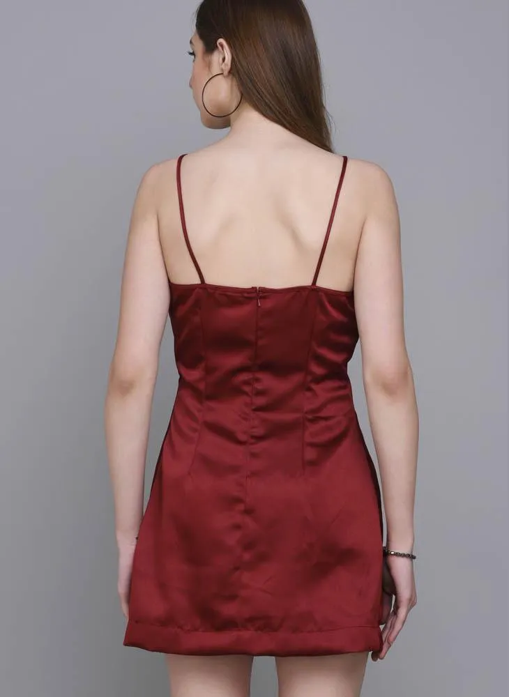 Maroon V-Neck Satin A-line Dress