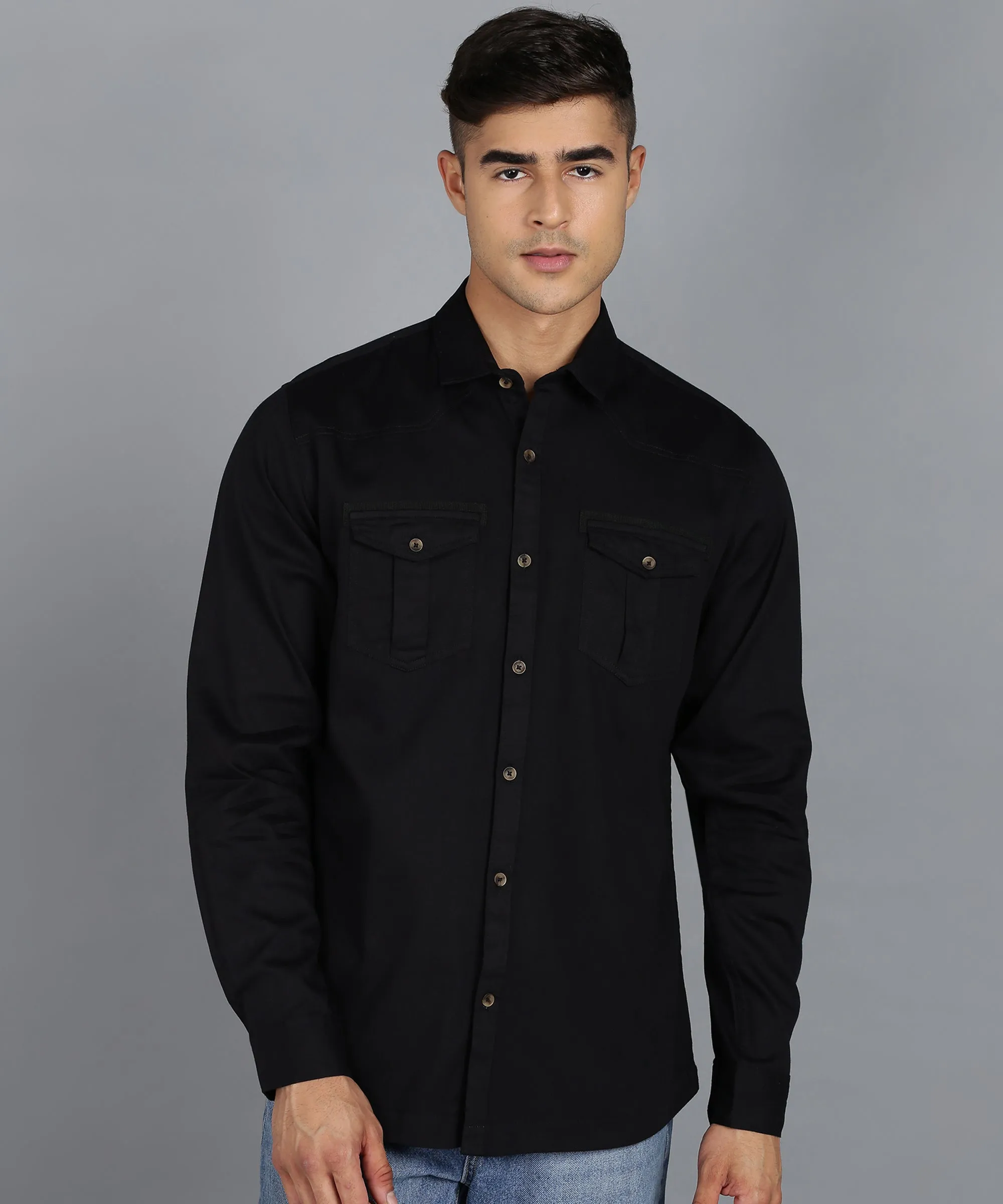 Men's Black Cotton Full Sleeve Slim Fit Casual Solid Shirt