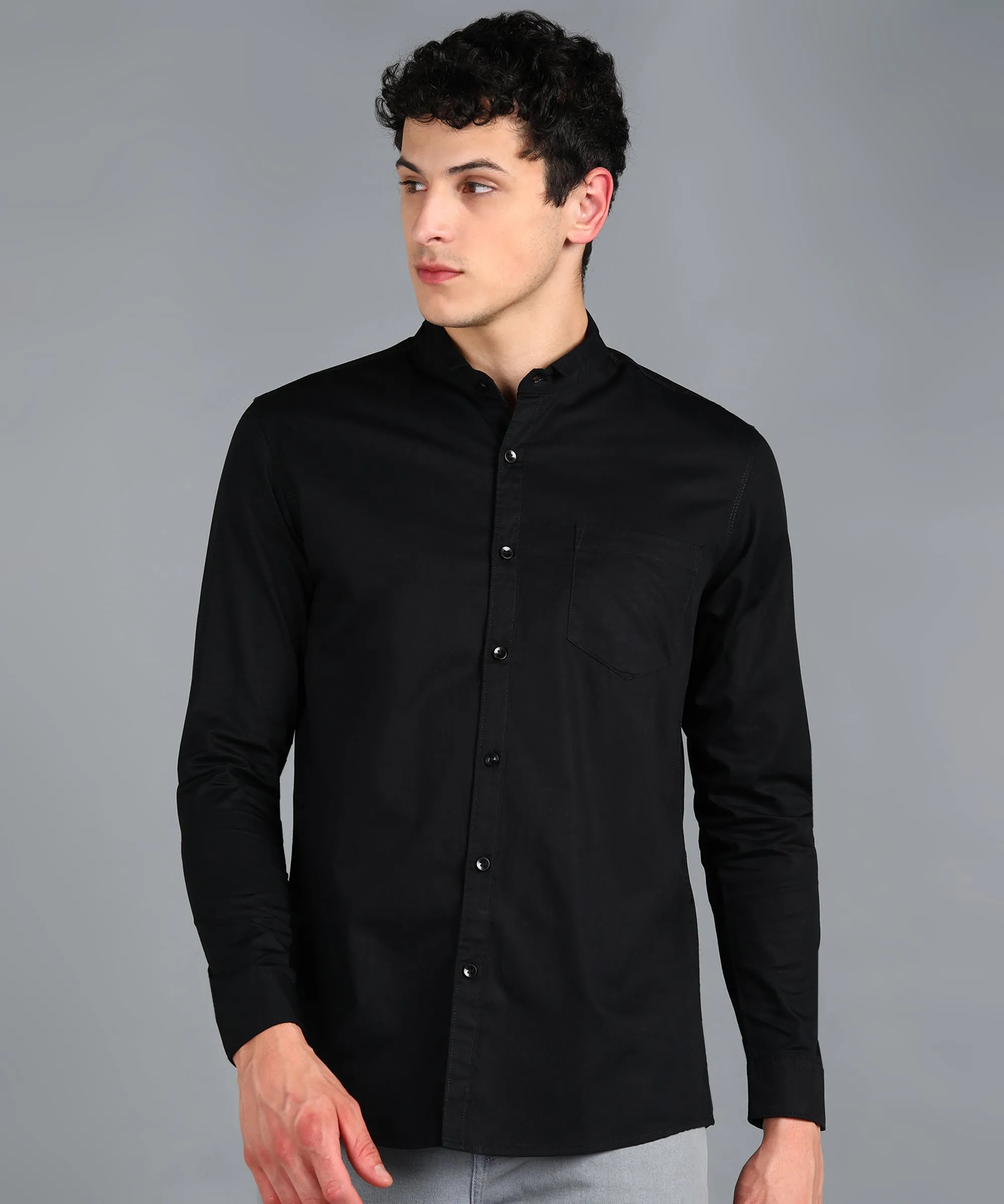 Men's Black Cotton Full Sleeve Slim Fit Solid Shirt with Mandarin Collar