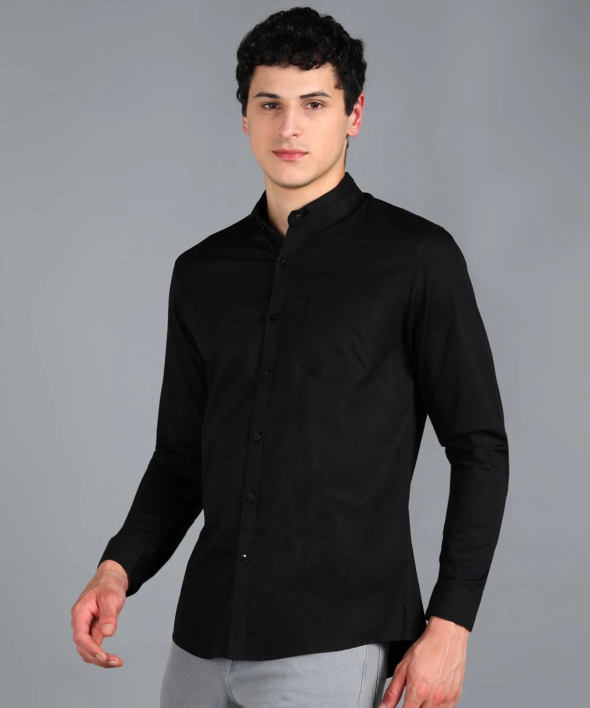 Men's Black Cotton Full Sleeve Slim Fit Solid Shirt with Mandarin Collar