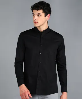 Men's Black Cotton Full Sleeve Slim Fit Solid Shirt with Mandarin Collar