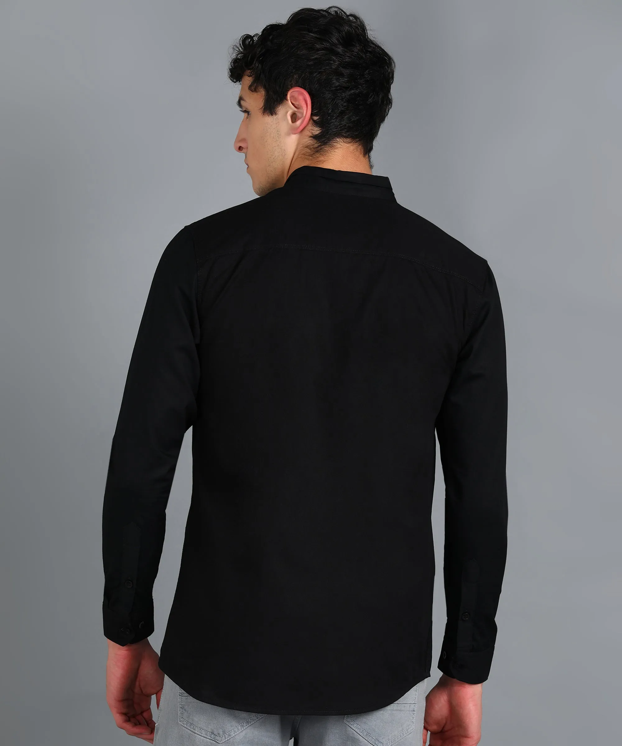 Men's Black Cotton Full Sleeve Slim Fit Solid Shirt with Mandarin Collar