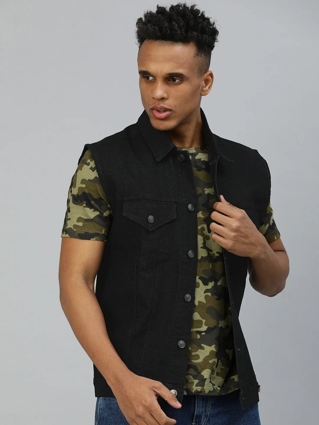 Men's Black Slim Fit Washed Sleeveless Denim Jacket