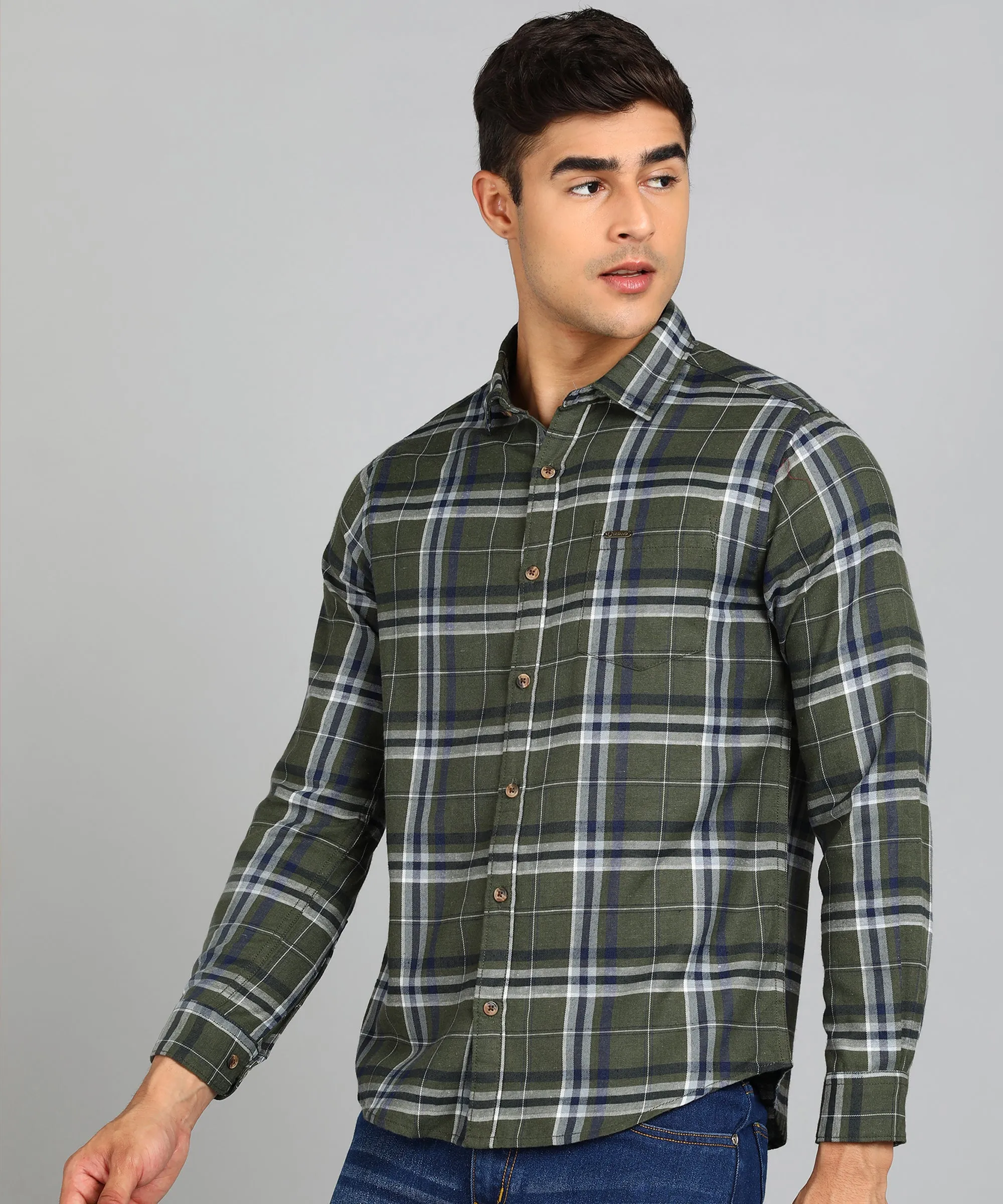 Men's Green Cotton Full Sleeve Slim Fit Casual Checkered Shirt