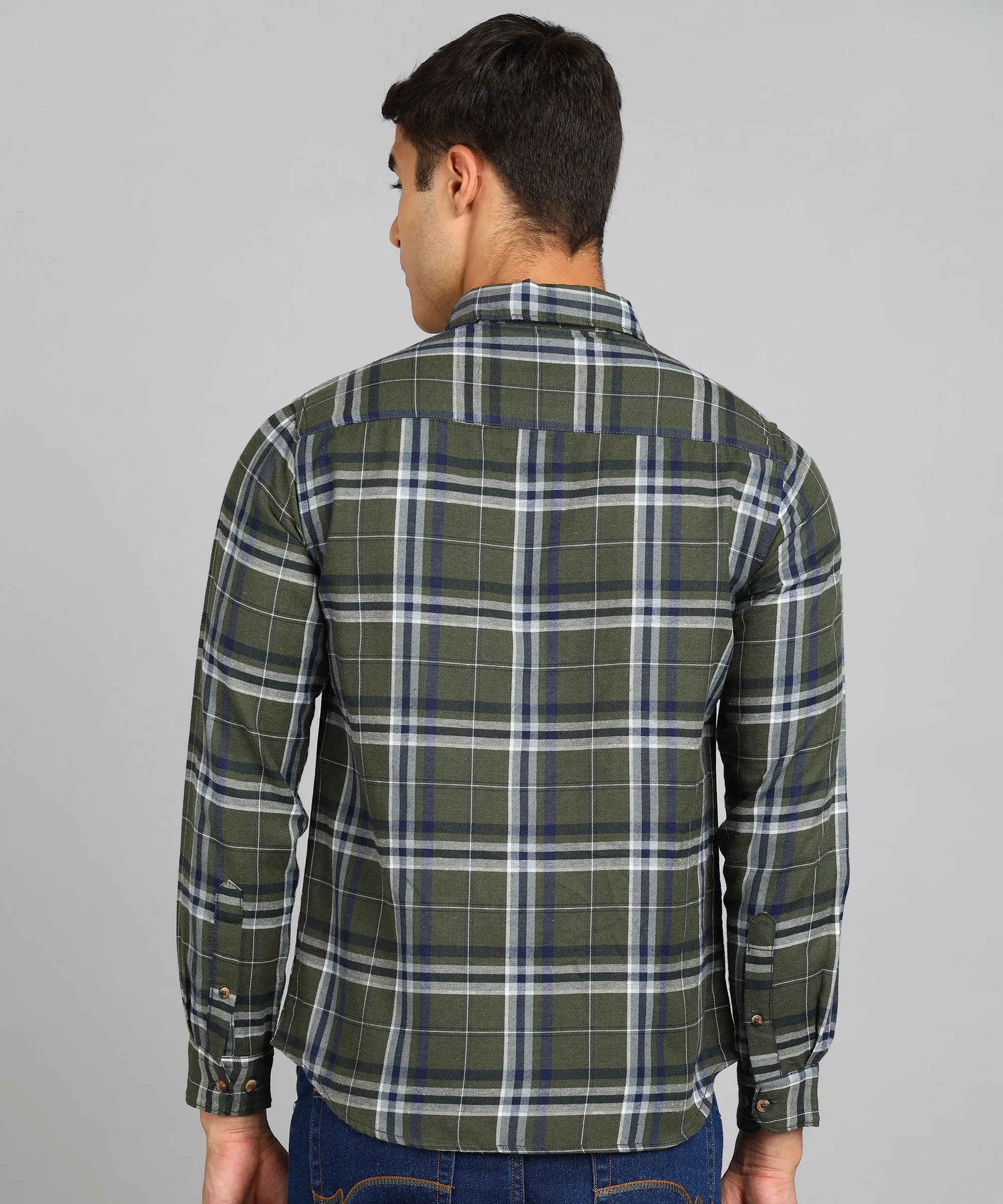 Men's Green Cotton Full Sleeve Slim Fit Casual Checkered Shirt