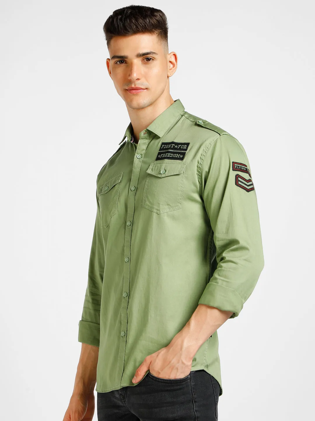 Men's Green Cotton Full Sleeve Slim Fit Casual Solid Shirt