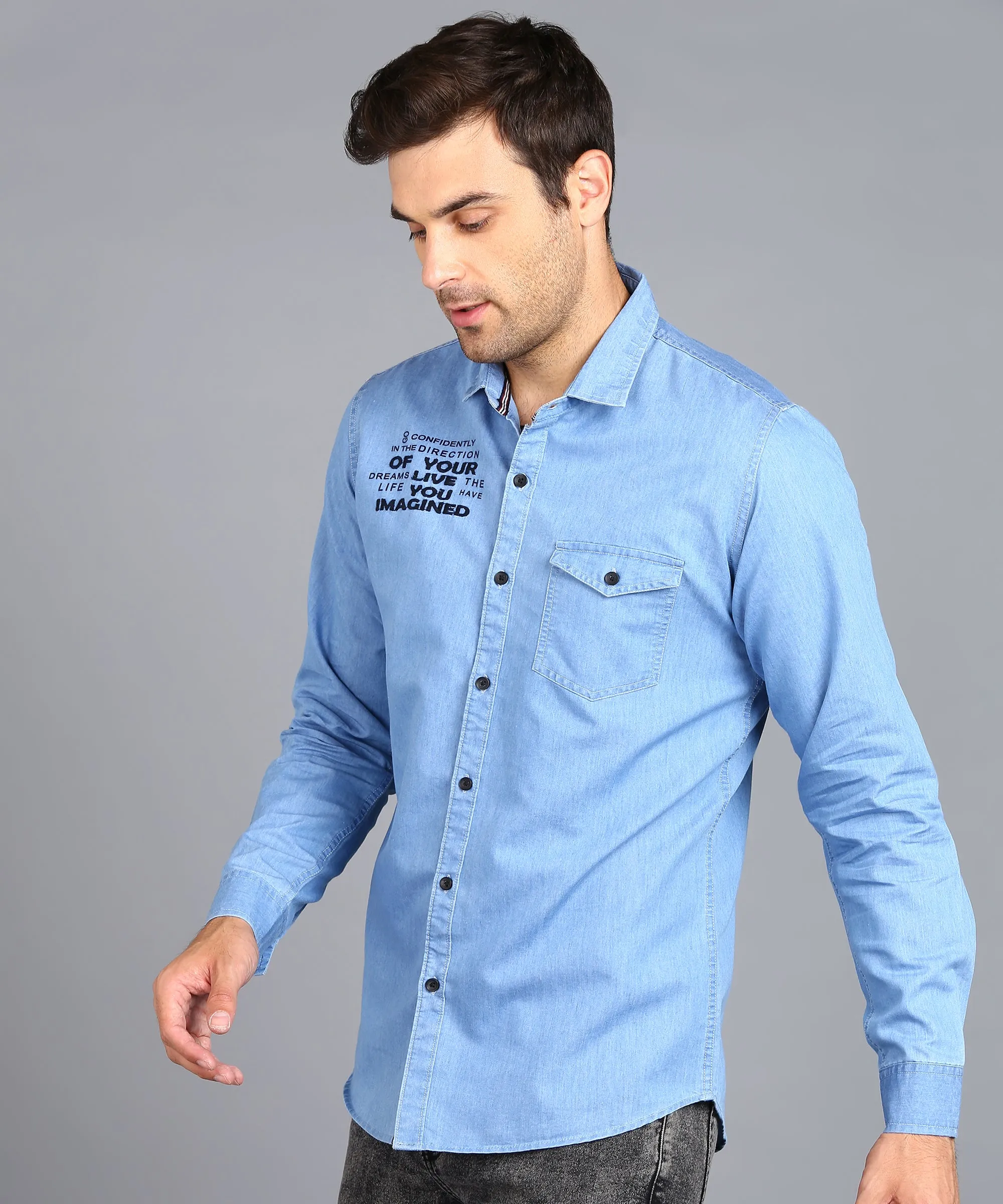 Men's Ice Blue Denim Full Sleeve Slim Fit Washed Casual Shirt