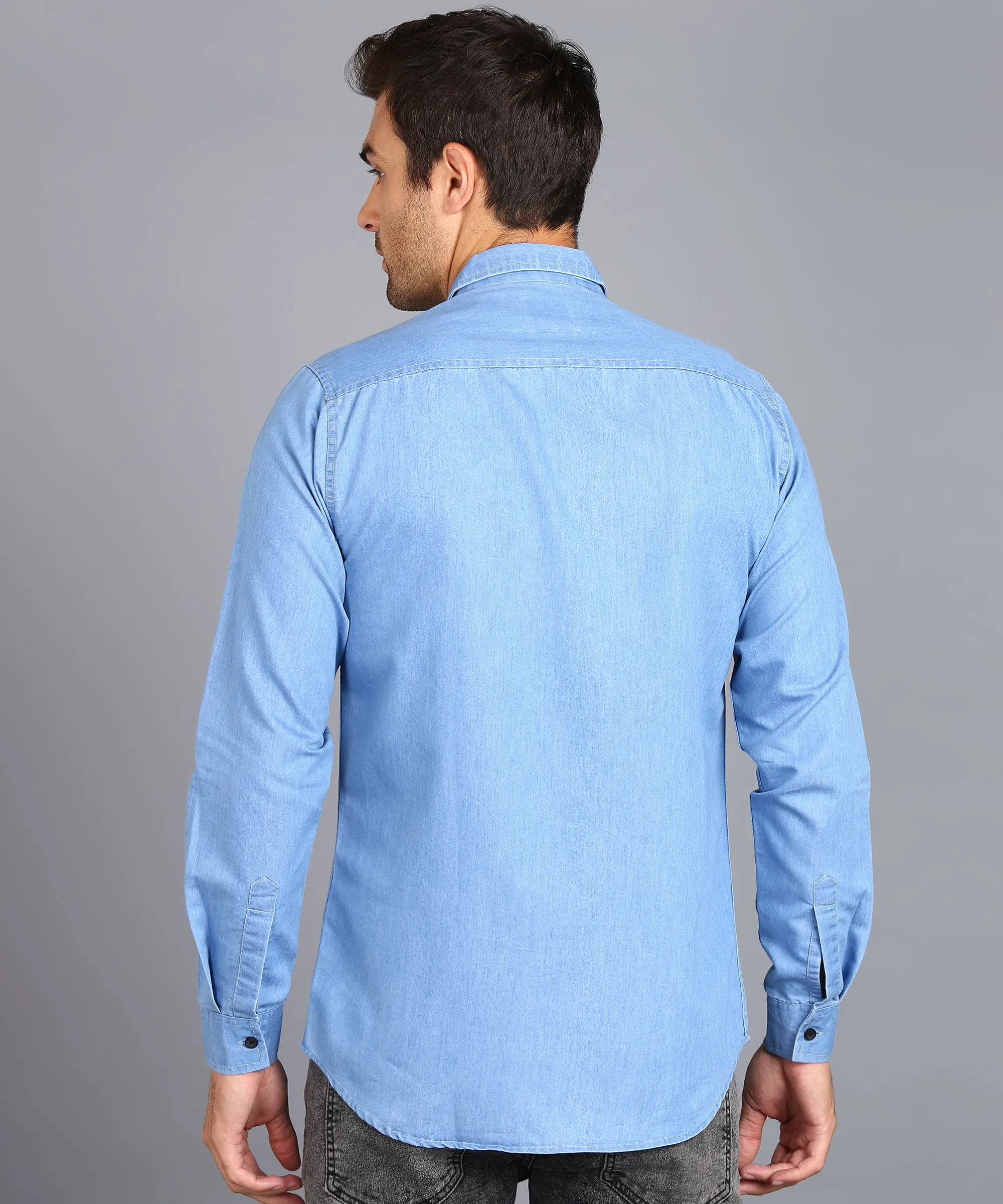 Men's Ice Blue Denim Full Sleeve Slim Fit Washed Casual Shirt