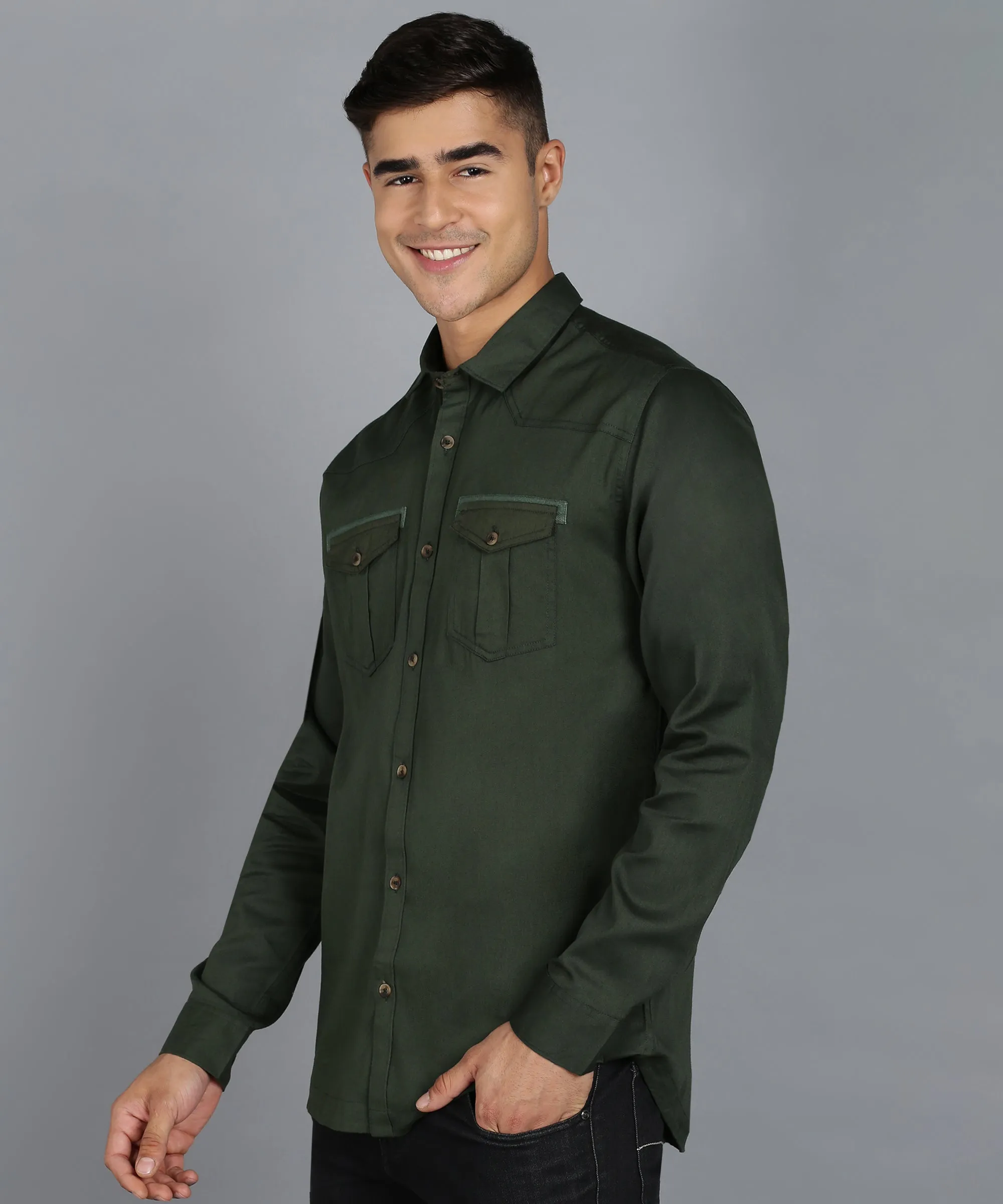 Men's Olive Cotton Full Sleeve Slim Fit Casual Solid Shirt