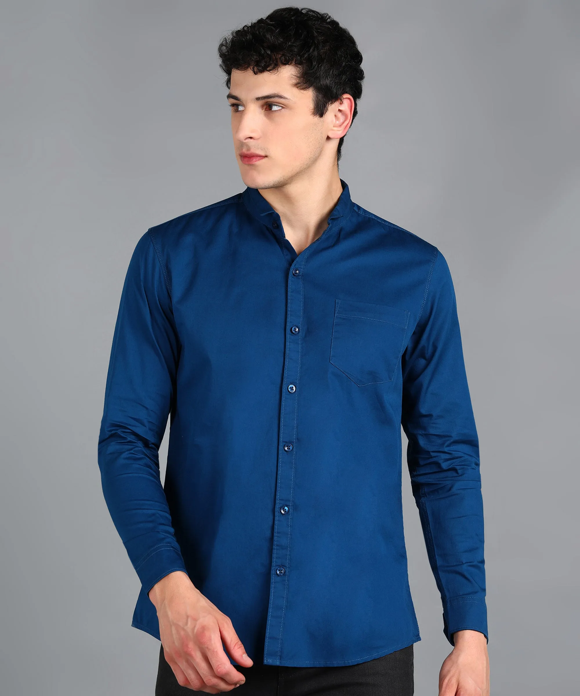 Men's Royal Blue Cotton Full Sleeve Slim Fit Solid Shirt with Mandarin Collar