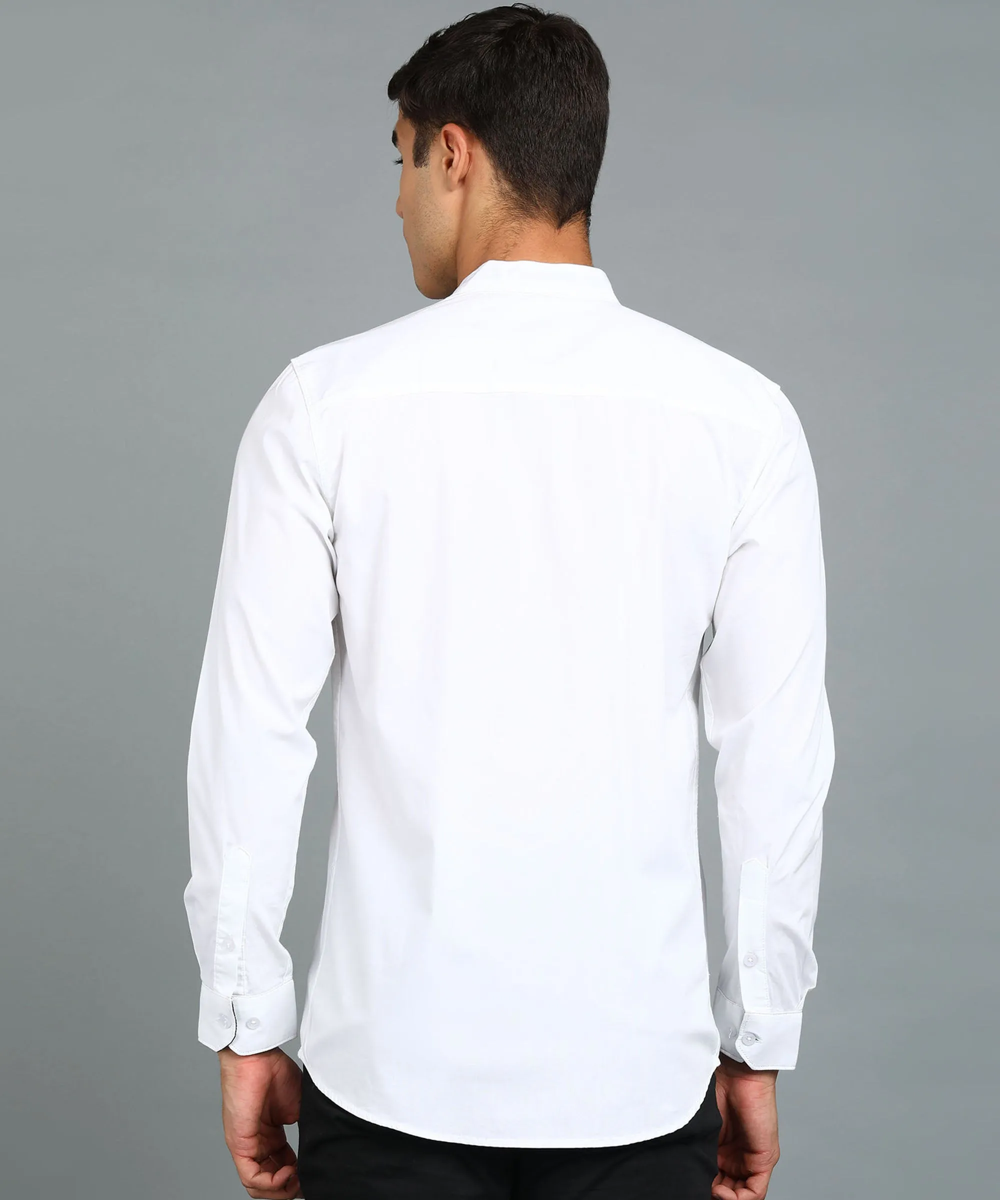 Men's White Cotton Full Sleeve Slim Fit Solid Shirt with Mandarin Collar