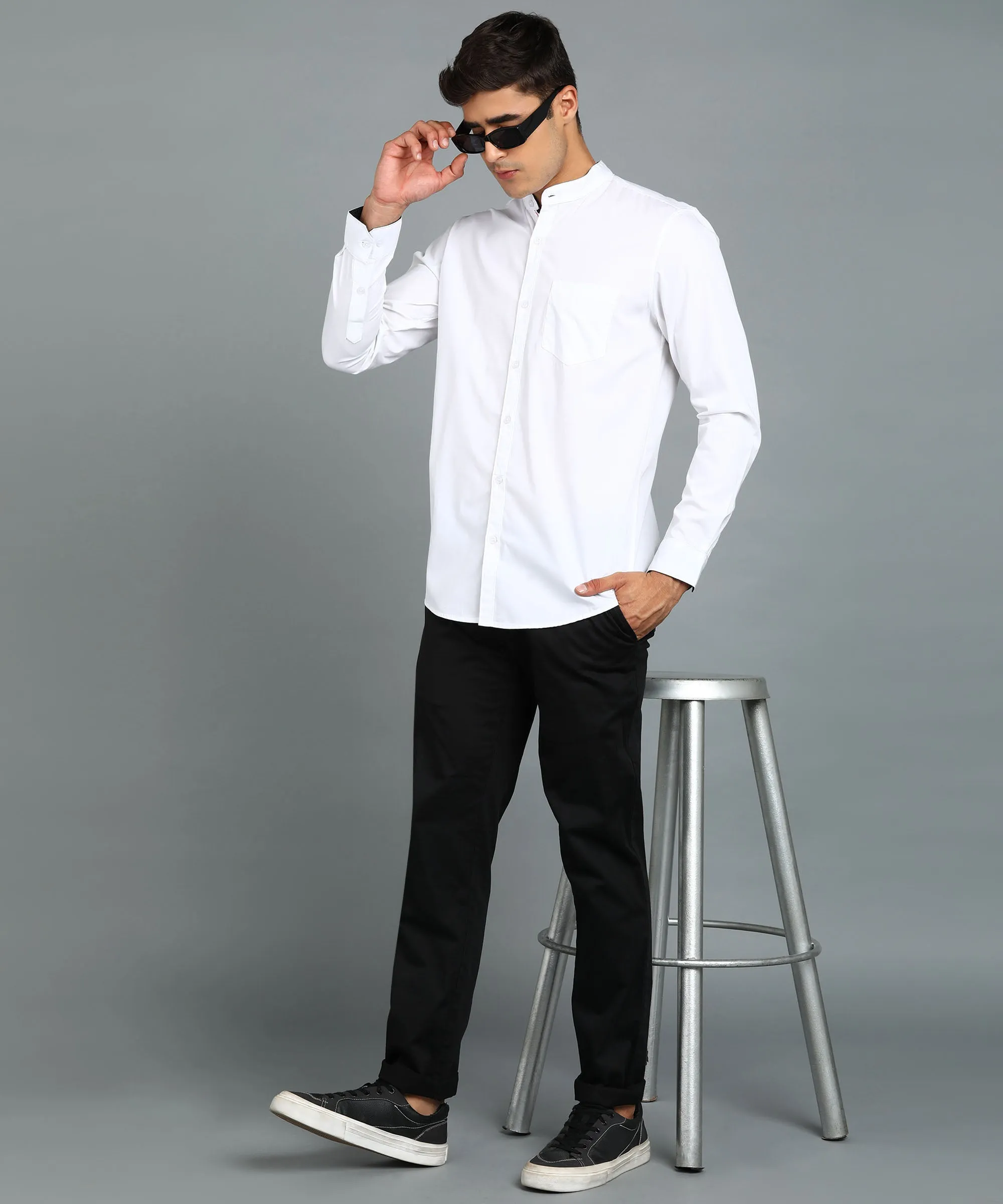 Men's White Cotton Full Sleeve Slim Fit Solid Shirt with Mandarin Collar