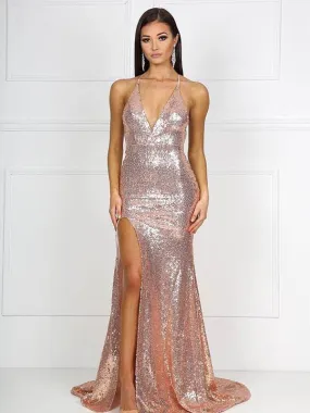 Mermaid Halter V-neck Long Sequined Prom Dresses With Split, OL657