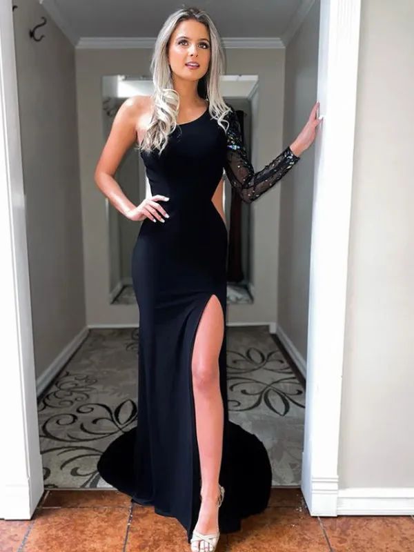 Mermaid One-shoulder Side Slit Long Sleeve Prom Dresses Evening Dresses.DB10822