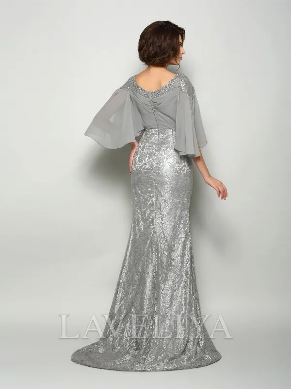 Mermaid Scoop 1/2 Sleeves Pleated Sweep Train Chiffon Mother of the Bride Dress  #XM230060