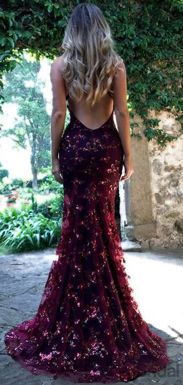 Mermaid V-Neck  Open Back Lace Sequin Long Prom Dresses With Train.DB10091