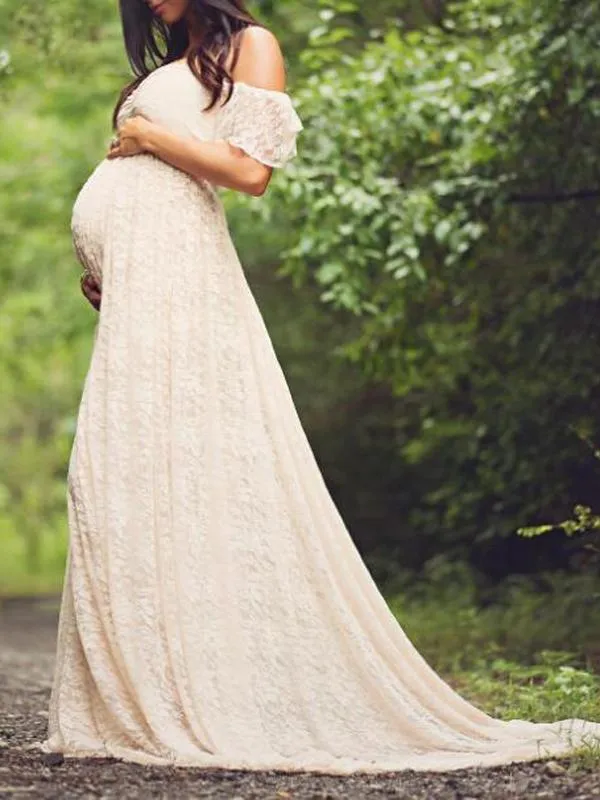 Momnfancy Ruffle Lace Draped Off Shoulder For Babyshower Maternity Maxi Dress