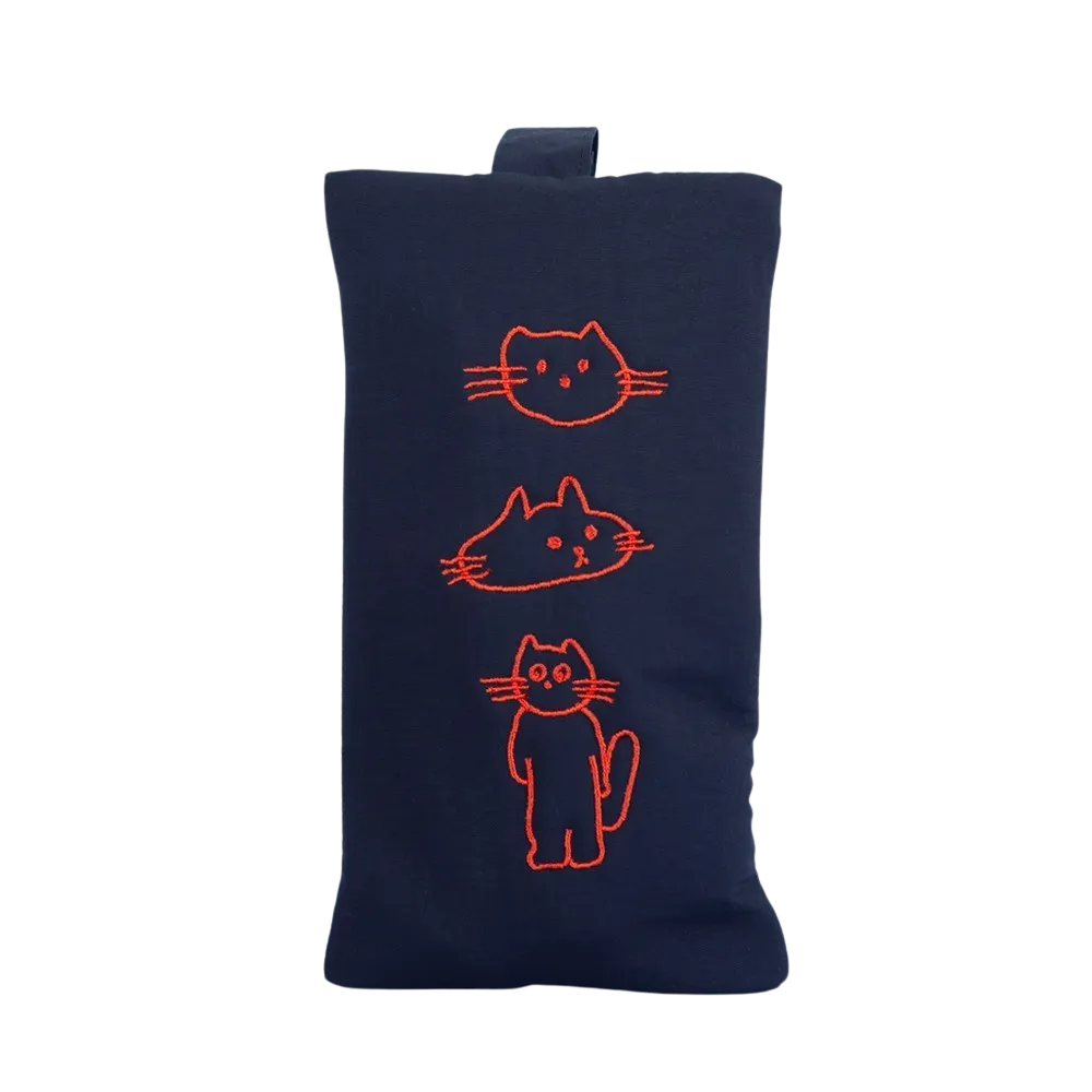 Navy Blue Cats Graphic Embroidery Airy Hand Strap Pouches Slim Pencil Cases Ultra Light Stationery School Office Cosmetics Bags 