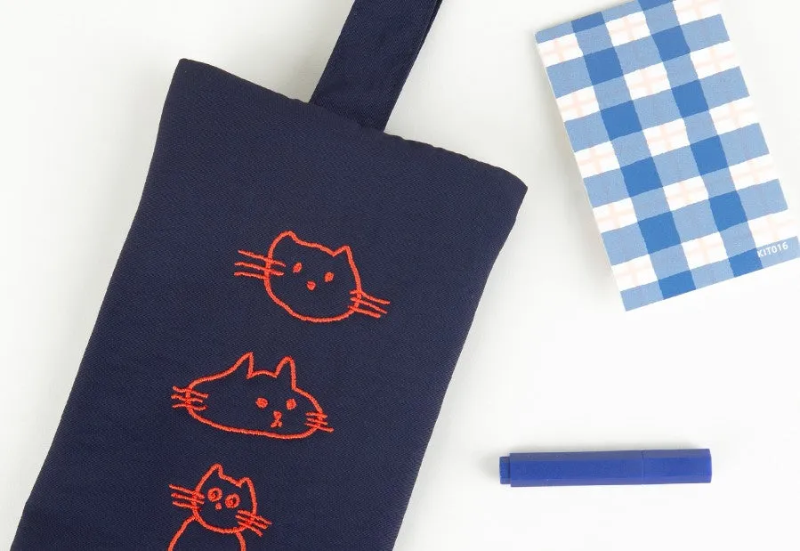 Navy Blue Cats Graphic Embroidery Airy Hand Strap Pouches Slim Pencil Cases Ultra Light Stationery School Office Cosmetics Bags 