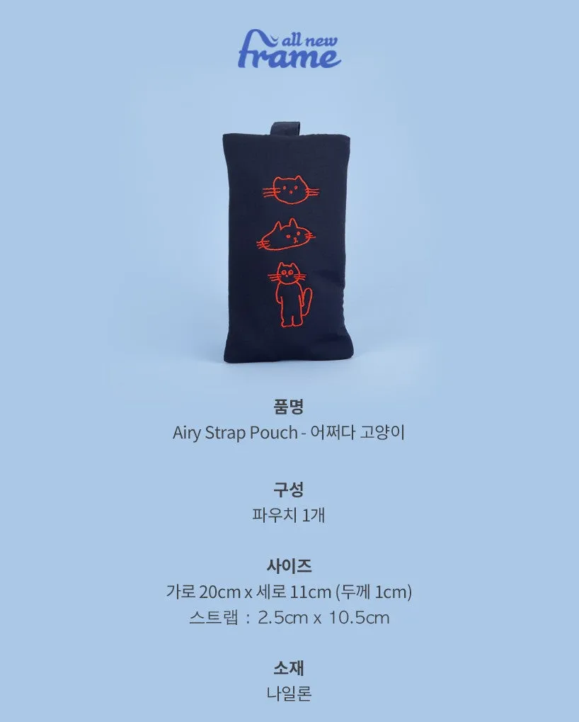 Navy Blue Cats Graphic Embroidery Airy Hand Strap Pouches Slim Pencil Cases Ultra Light Stationery School Office Cosmetics Bags 