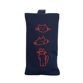 Navy Blue Cats Graphic Embroidery Airy Hand Strap Pouches Slim Pencil Cases Ultra Light Stationery School Office Cosmetics Bags 