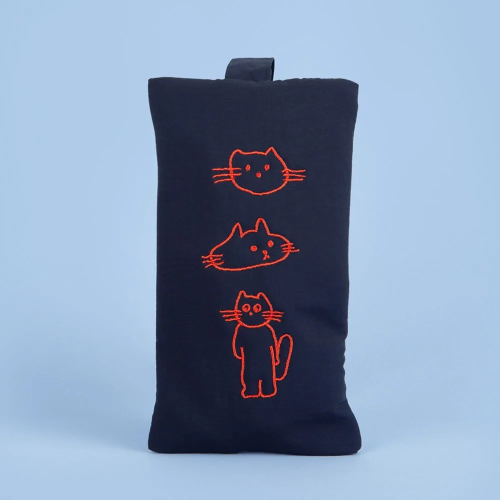 Navy Blue Cats Graphic Embroidery Airy Hand Strap Pouches Slim Pencil Cases Ultra Light Stationery School Office Cosmetics Bags 