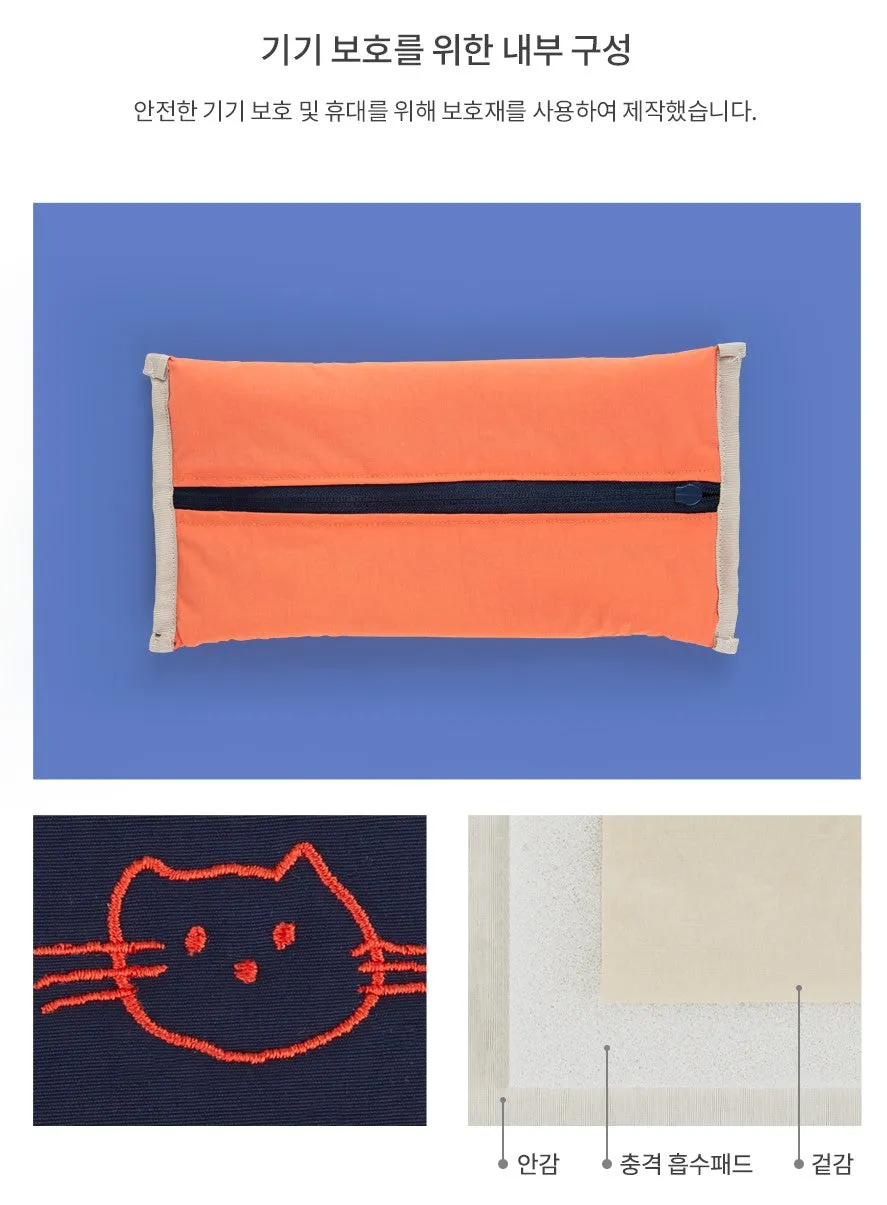 Navy Blue Cats Graphic Embroidery Airy Hand Strap Pouches Slim Pencil Cases Ultra Light Stationery School Office Cosmetics Bags 