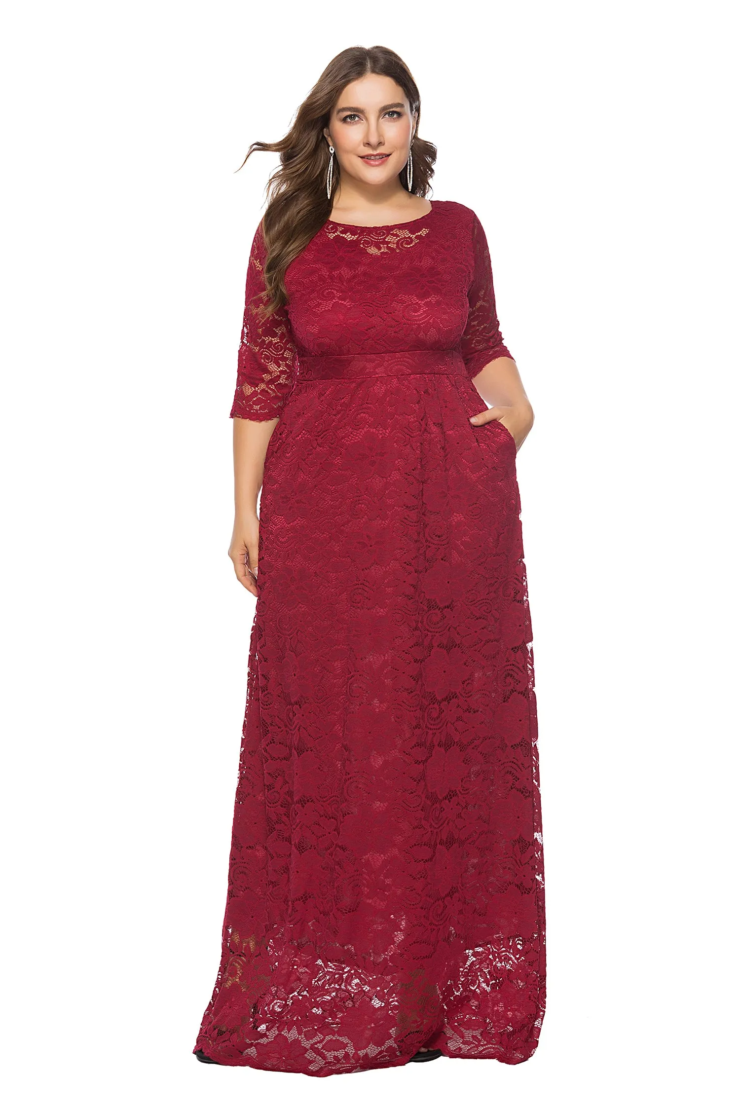 New Women Plus Size A-Line Round Neck Floor-Length Lace Bridesmaid Dress