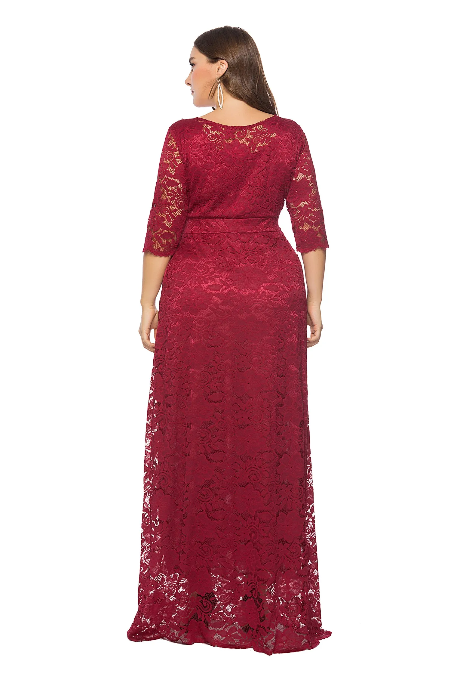 New Women Plus Size A-Line Round Neck Floor-Length Lace Bridesmaid Dress