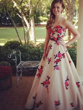 Newest Sweetheart Strapless Vintage Floral Prints Appliques Elegant Charming Long Party Prom Dress. DB1015