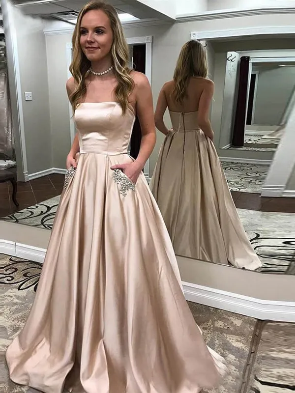 Nude Satin Beaded Pockets Strapless Ball Gown Sweet-16 Prom Dresses, DB1124