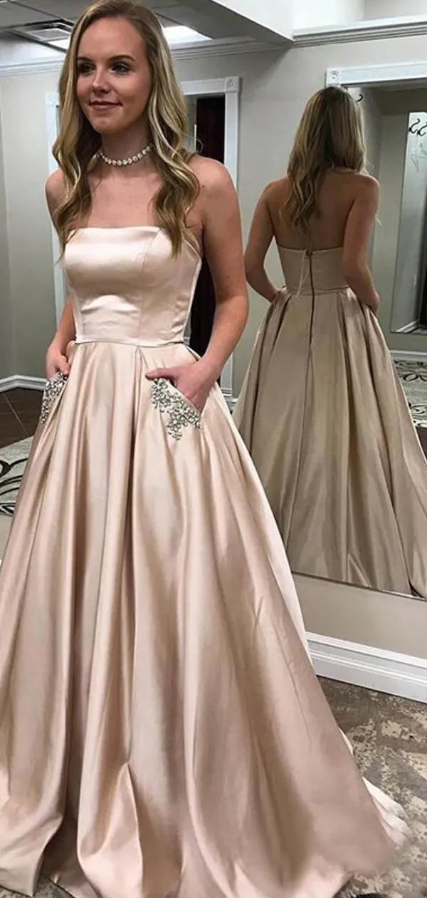 Nude Satin Beaded Pockets Strapless Ball Gown Sweet-16 Prom Dresses, DB1124