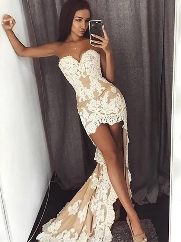 Nude Sweetheart Strapless Ivory Lace Sheath High Low Sexy Elegant Prom Dresses ,PD0137