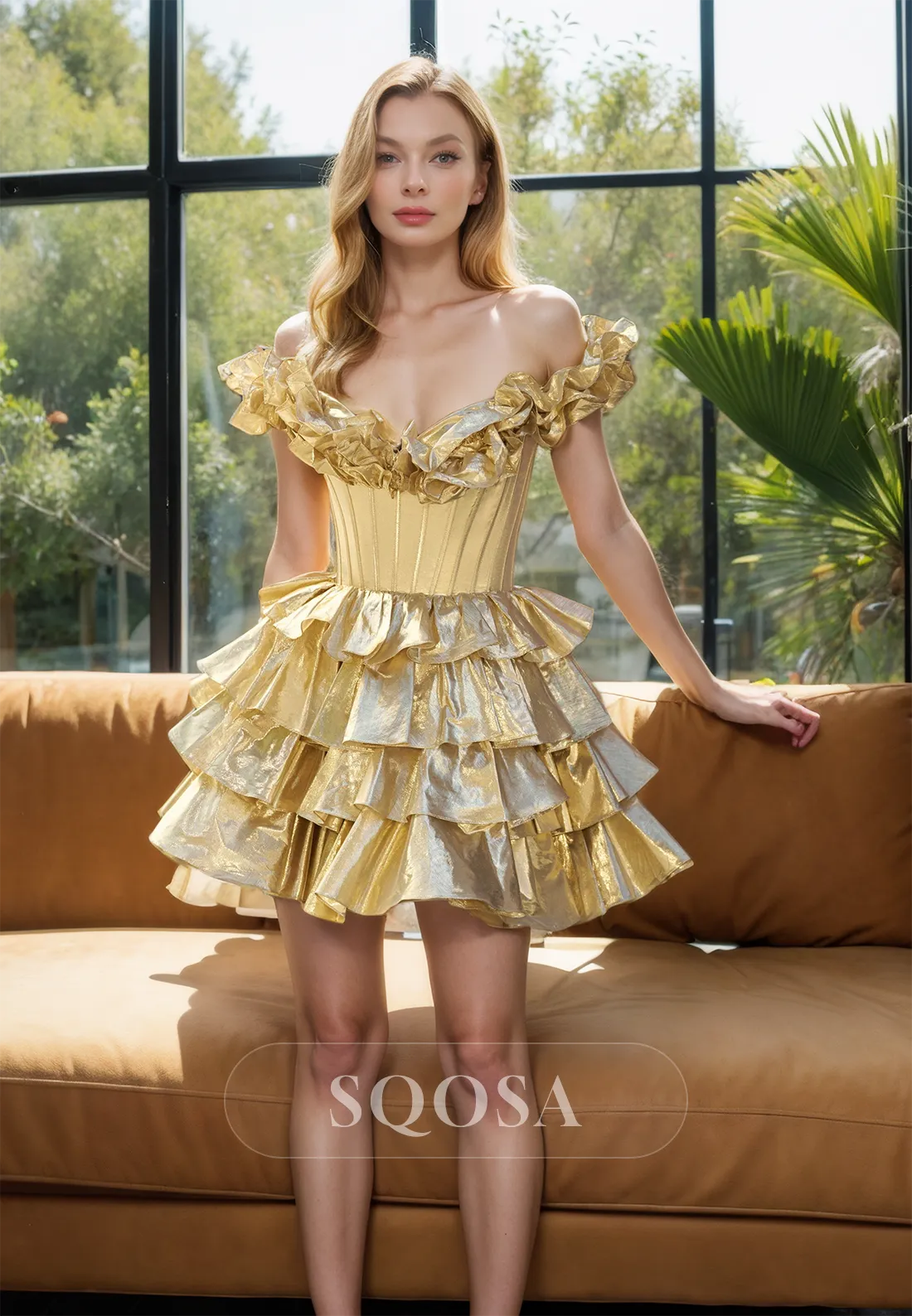 Off Shoulder Tiered Gold Homecoming Dress Short Graduation Dress