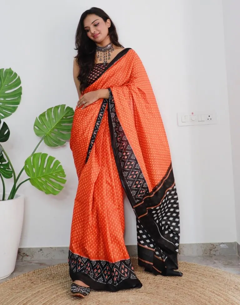 Orange Printed Cotton Saree