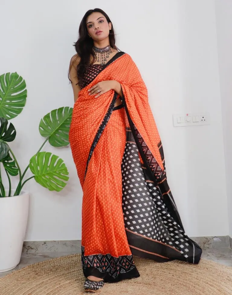 Orange Printed Cotton Saree