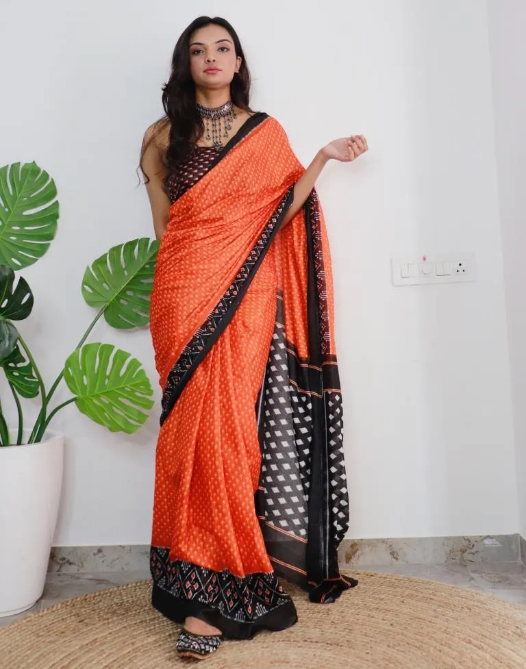 Orange Printed Cotton Saree