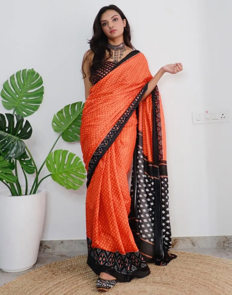 Orange Printed Cotton Saree