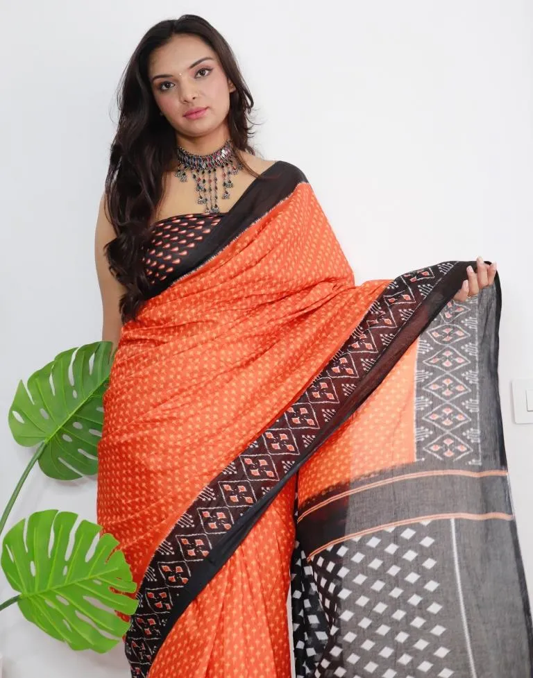 Orange Printed Cotton Saree