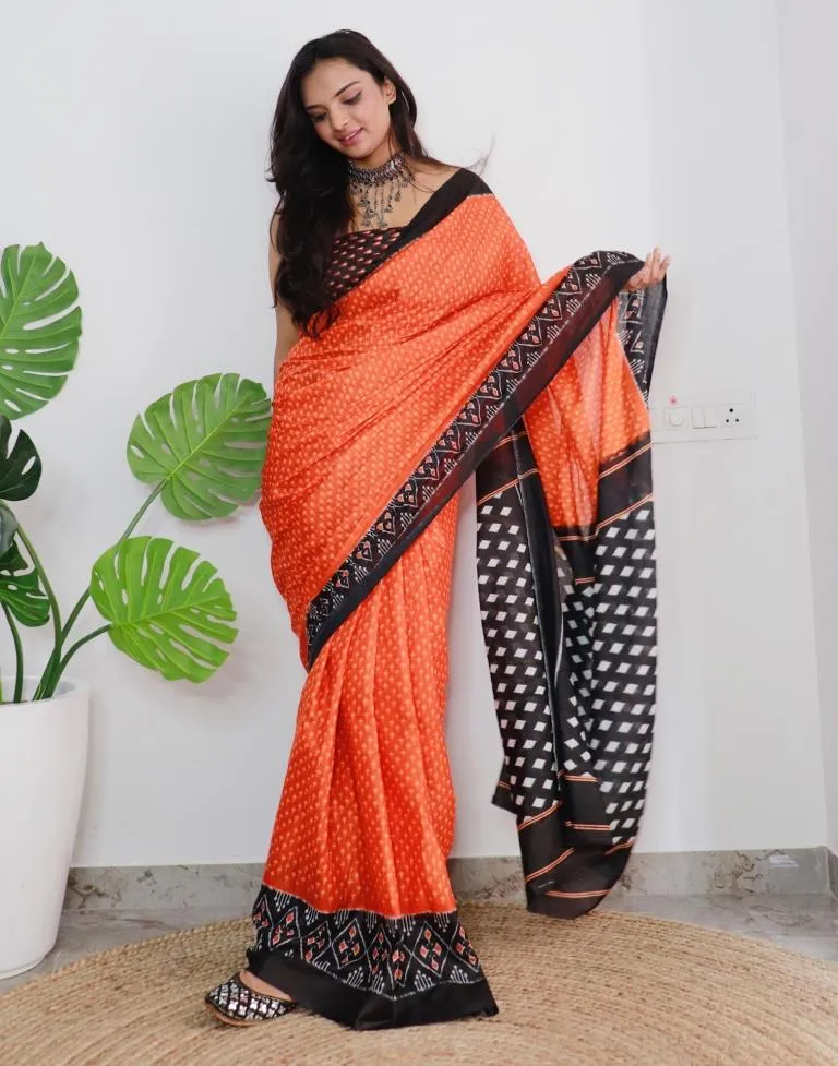 Orange Printed Cotton Saree