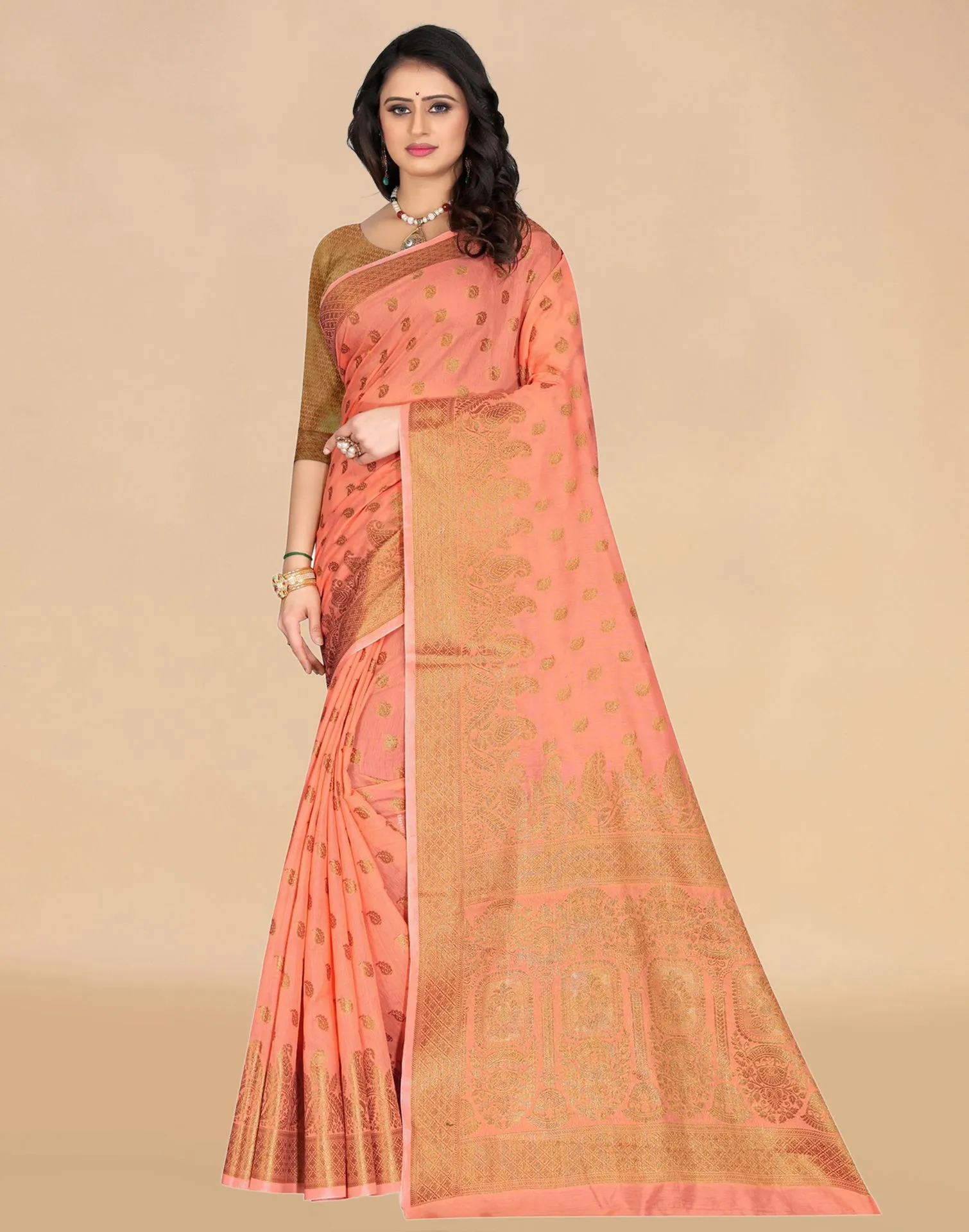 Peach Weaving Cotton Saree