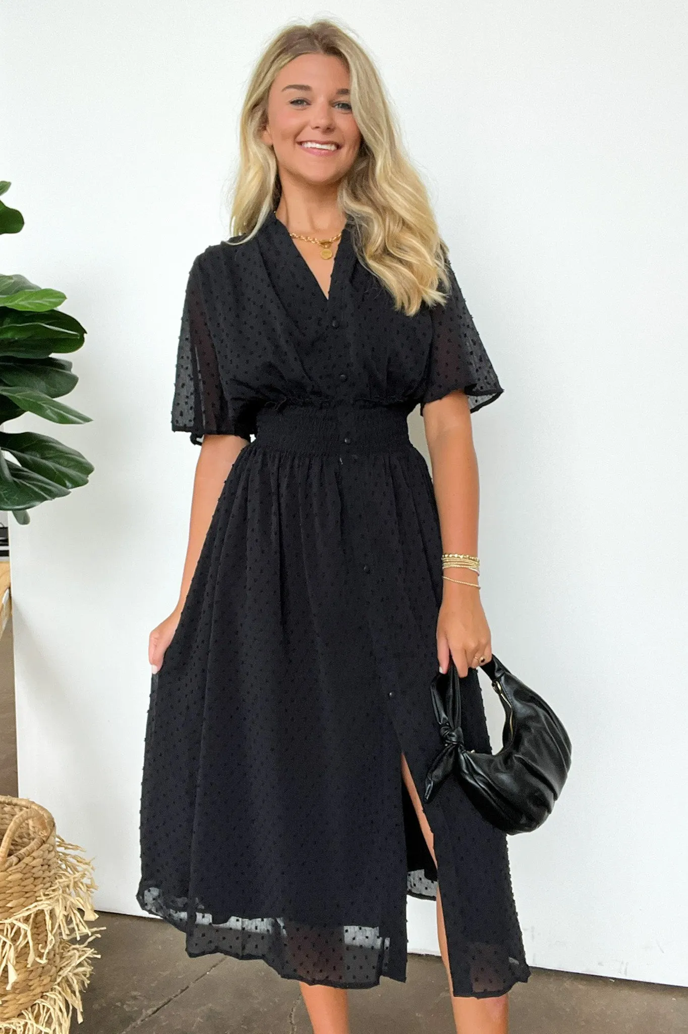 Perfect Destiny Button Up Swiss Dot Maxi Dress