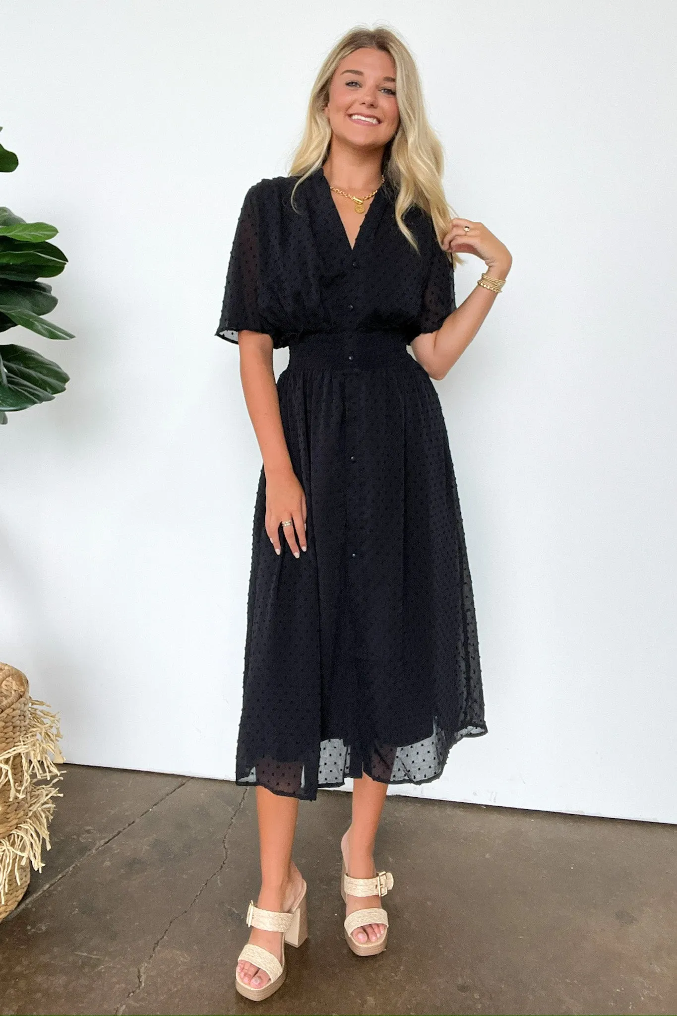 Perfect Destiny Button Up Swiss Dot Maxi Dress