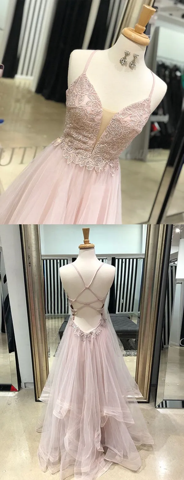 Pink Lace Tulle Spaghetti Straps Lace Up Back Prom Dresses, DB1086