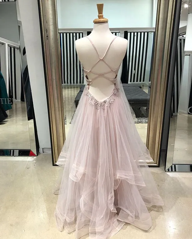 Pink Lace Tulle Spaghetti Straps Lace Up Back Prom Dresses, DB1086