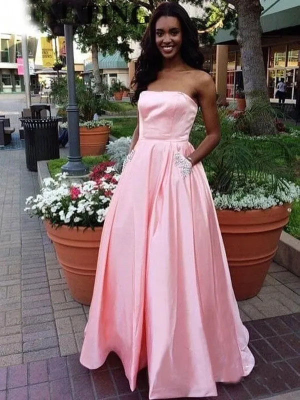 Pink Satin Beaded Pockets Strapless Ball Gown Sweet-16 Prom Dresses, DB1127