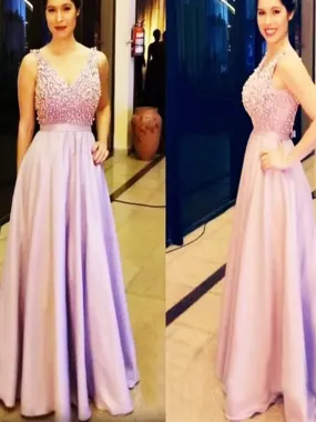 Pink Sparkly Beading  Sleeveless V-neck  A-line Elegant Evening Party Formal Long Prom Dresses,DB0069