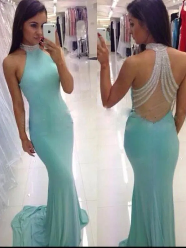 Popular High Neck Mermaid Tiffany Blue Unique Beading Back Elegant Evening Party Prom Dress ,PD0030