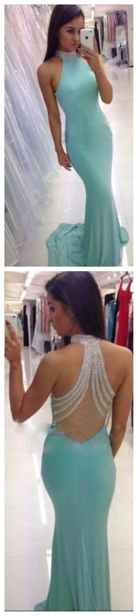 Popular High Neck Mermaid Tiffany Blue Unique Beading Back Elegant Evening Party Prom Dress ,PD0030