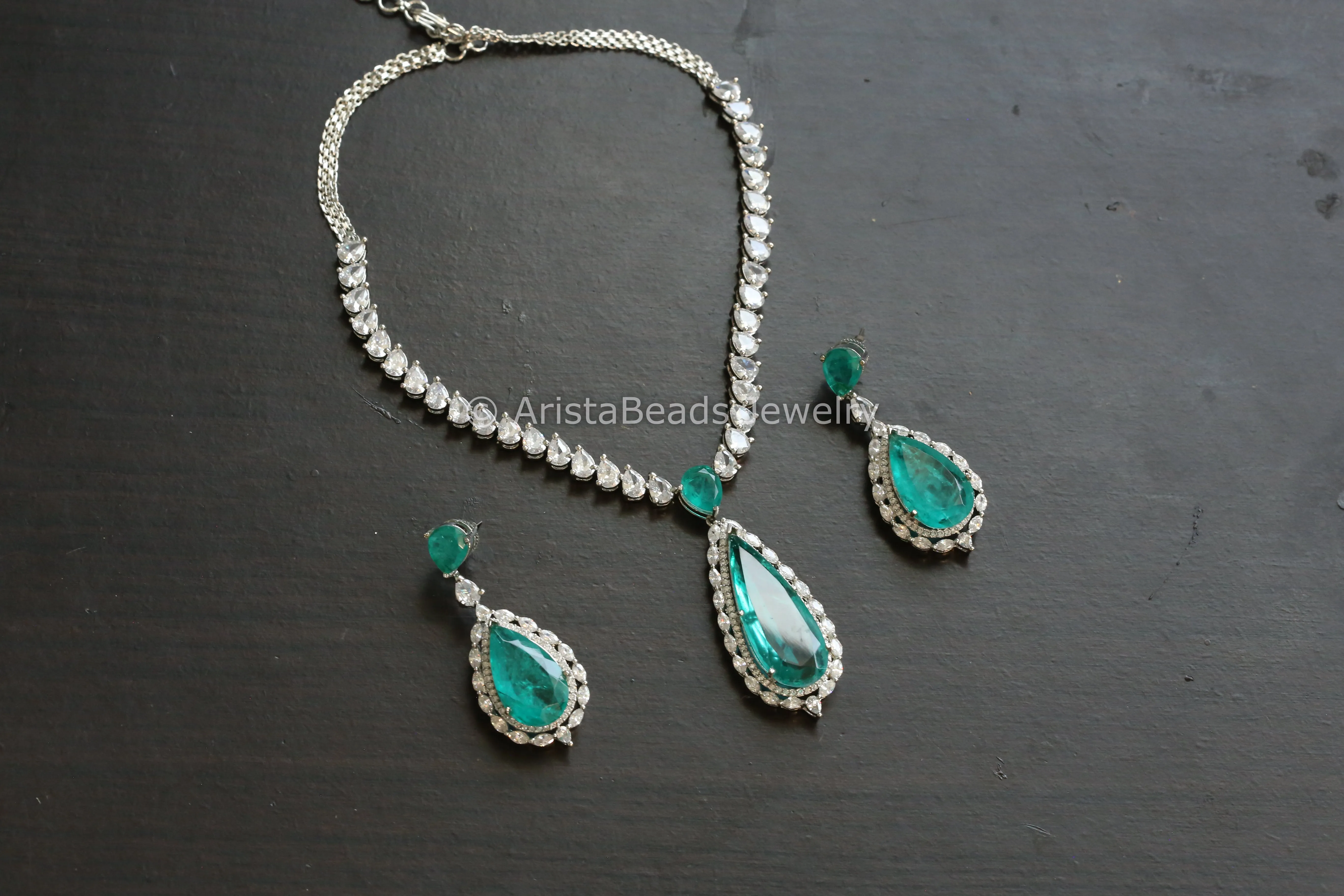 Premium CZ & Doublet Necklace Set - Deep Aqua